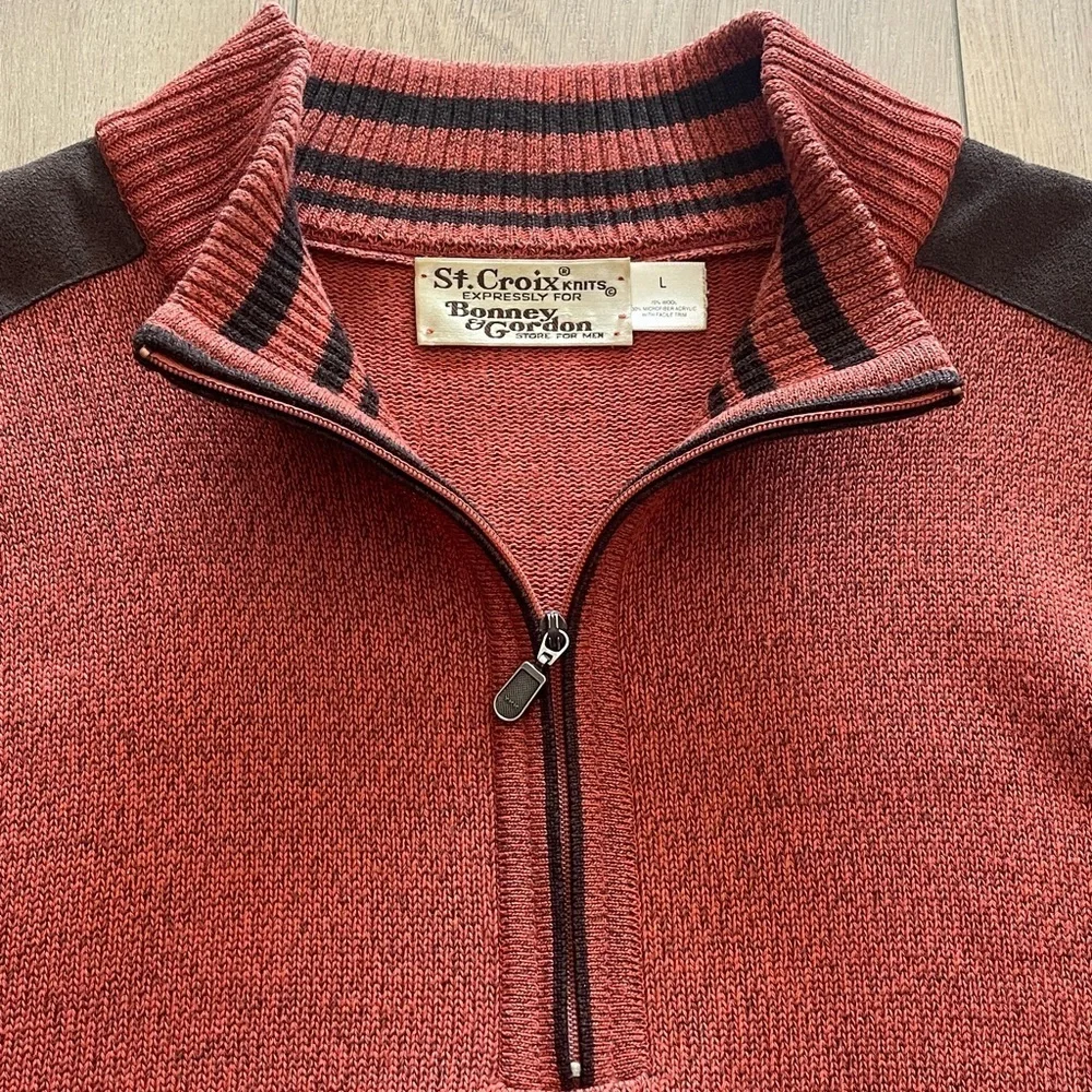 St Croix Quarter Zip Pullover Sweater Size L Wool Blend Orange Brown Elbow Patch